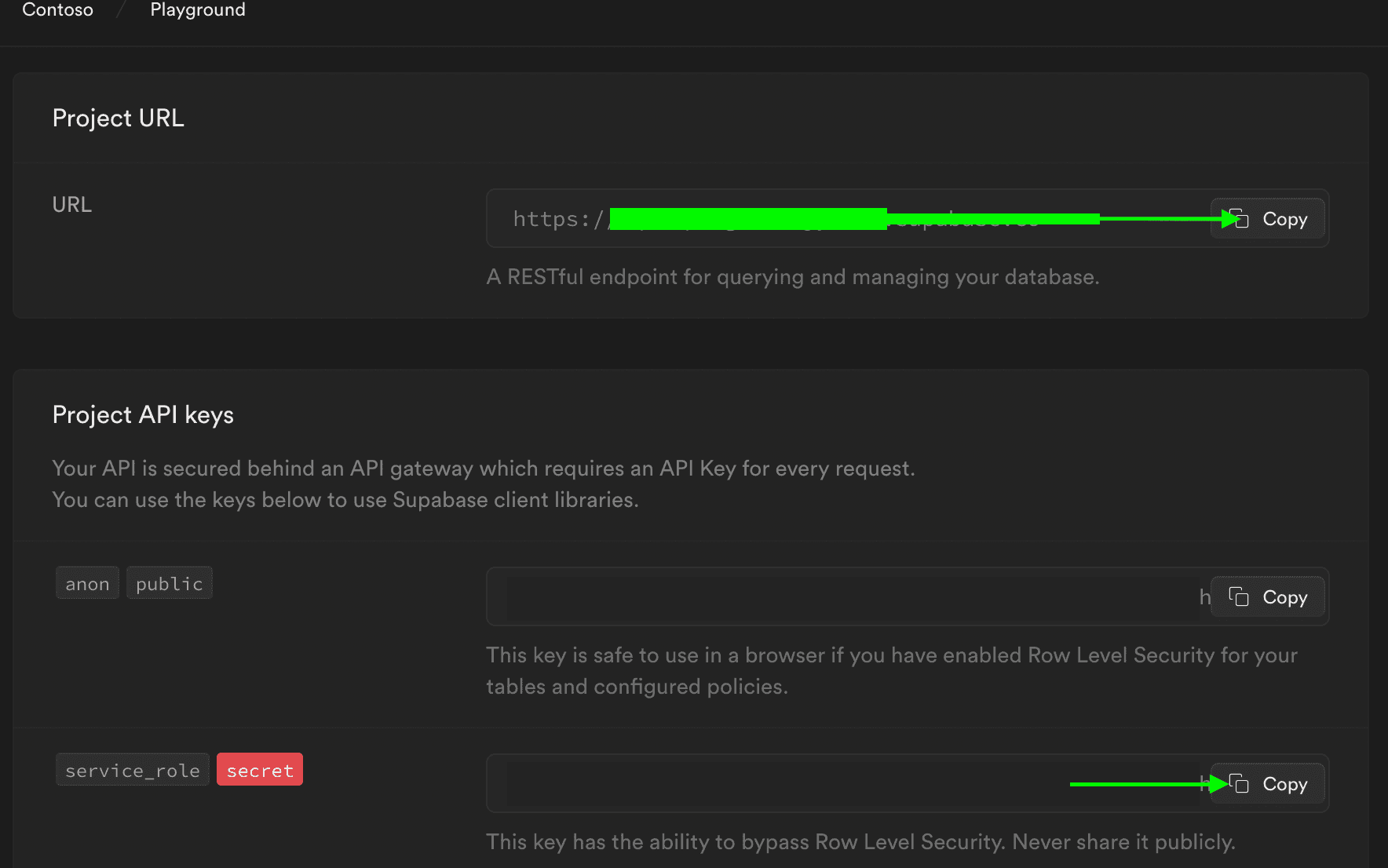 The picture illustrates where to get the URL and the service key to setup the environment variables.